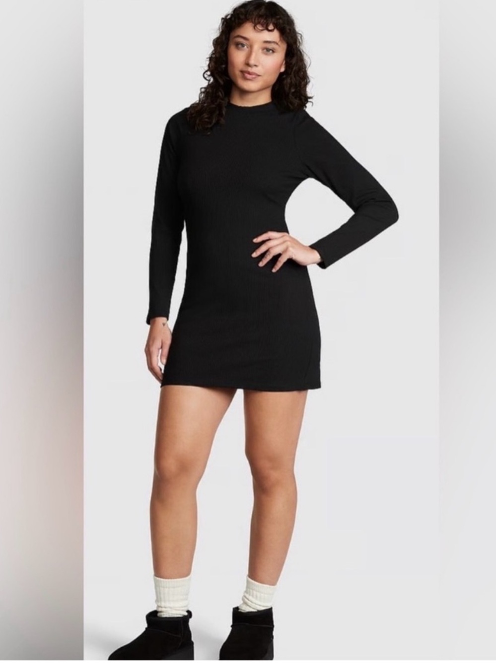 Victoriaโs Secret Pink Black Ribbed Fitted Mock Neck Long Sleeve Dress Small